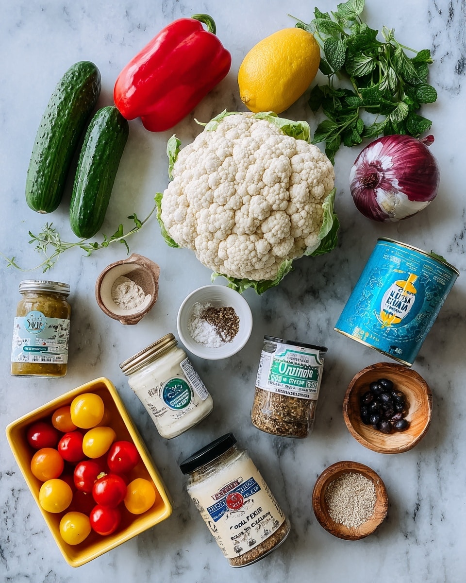 The image shows an arrangement of fresh ingredients on a white marbled surface. At the center is a large whole cauliflower with a light creamy color and bumpy texture. Surrounding it are two small green cucumbers to the left, a bright red bell pepper and a red onion near the top right. A lemon with vibrant yellow skin is placed near the center top. There are also clusters of fresh green herbs including mint and parsley on the top right side. To the right of the cauliflower is a jar of white tahini with a blue lid, a can of garbanzo beans, and small glass jars containing ground cumin, oregano, onion powder, and smoked paprika. There is a small wooden bowl with black pepper, another with salt, and a third with cumin powder near the bottom. A pack of red and yellow cherry tomatoes in a yellow plastic container is next to the cauliflower on the left. A jar of black pitted olives completes the scene. photo taken with an iphone --ar 4:5 --v 7