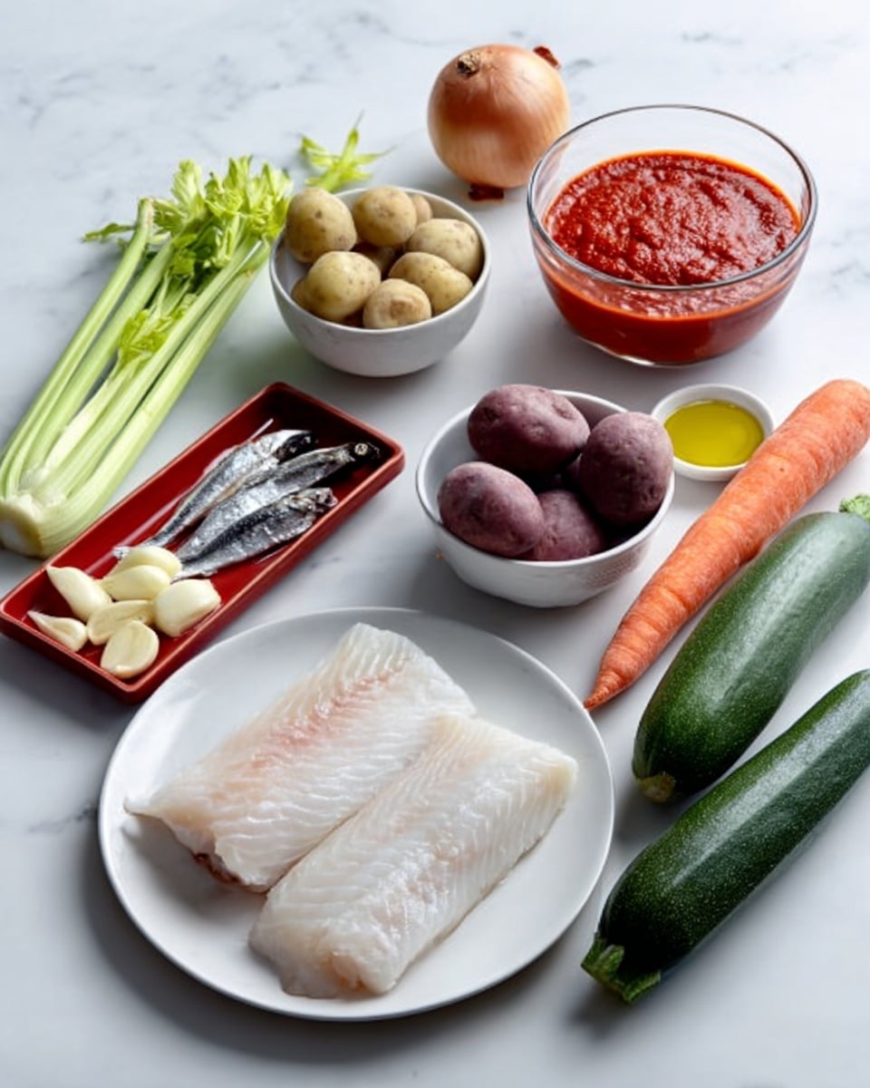 The image shows a white plate on a white marbled surface with three layers of food arranged neatly. At the bottom, there are two white fish fillets placed side by side on the right side of the plate. To the left of the fish, a red rectangular tray holds three pieces of small black anchovy fish. In front of the fish and anchovies, there is a small pile of light yellow garlic cloves. Behind this, a transparent glass bowl filled with deep red tomato sauce sits to the right. To the left of the sauce, a white bowl contains small round purple potatoes. Next to the potatoes, a fresh light green celery stalk with darker green leaves rests diagonally across the plate. Beside the celery, a bright orange carrot lies parallel, and to its left, a long dark green zucchini is placed horizontally. Near the fish and garlic, a small green bay leaf and a small dish of clear golden olive oil complete the arrangement. In the background, a single light brown onion stands on the white marbled surface. Woman’s hand is not visible. Photo taken with an iphone --ar 4:5 --v 7