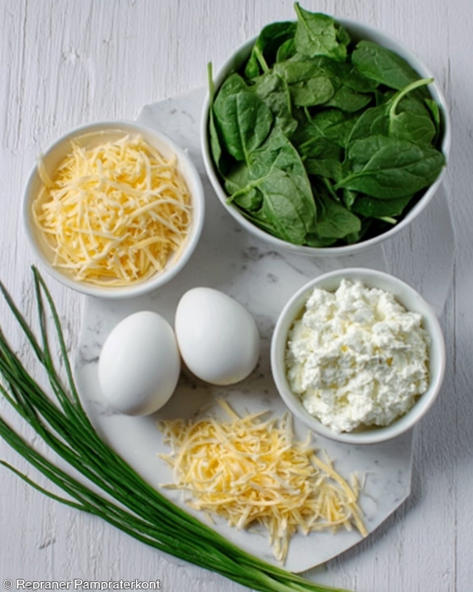 The image shows ingredients arranged neatly on a white marbled surface. There is a white bowl filled with fresh green spinach leaves on the top right and another white bowl with white cottage cheese at the top center. Below these bowls, there are three whole white eggs placed side by side. To the left of the eggs, shredded yellow cheese is arranged on the surface, next to a bunch of fresh green chives. The overall setting is clean and organized, highlighting the colors and textures of the ingredients clearly. Photo taken with an iphone --ar 4:5 --v 7
