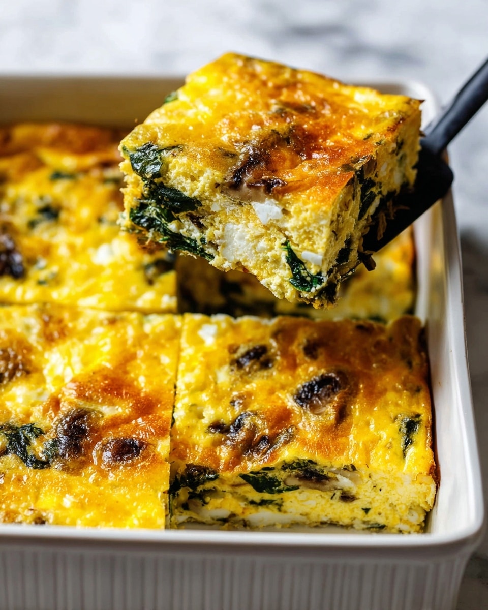 A close-up view of a baked egg dish cut into square slices inside a square white baking dish. The top layer is a golden-yellow baked egg with some brown spots and a slightly crispy texture. Below it, there are visible layers with small dark green spinach leaves and slices of mushrooms showing a soft, light texture. A black spatula is holding one piece above the dish, revealing the thick, fluffy consistency of the layered egg. The background is a white marbled texture. Photo taken with an iphone --ar 4:5 --v 7
