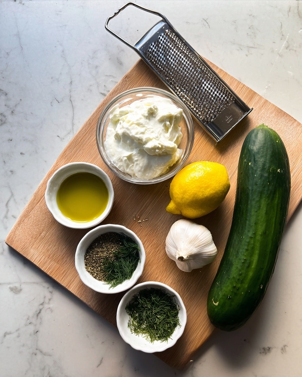 The image shows fresh ingredients arranged neatly on a light wooden board placed over a white marbled surface. There is a whole green cucumber lying next to the board on the right side and a metal grater positioned behind it. On the board, from top to bottom, there is a small clear glass bowl filled with thick white yogurt, a yellow lemon placed in the center, a whole white garlic bulb below the lemon, and four small white ceramic bowls placed around the board. These small bowls contain green chopped herbs, olive oil, salt and black pepper mix, and finely chopped dill, giving a mix of white, green, and yellow colors to the setup. photo taken with an iphone --ar 4:5 --v 7