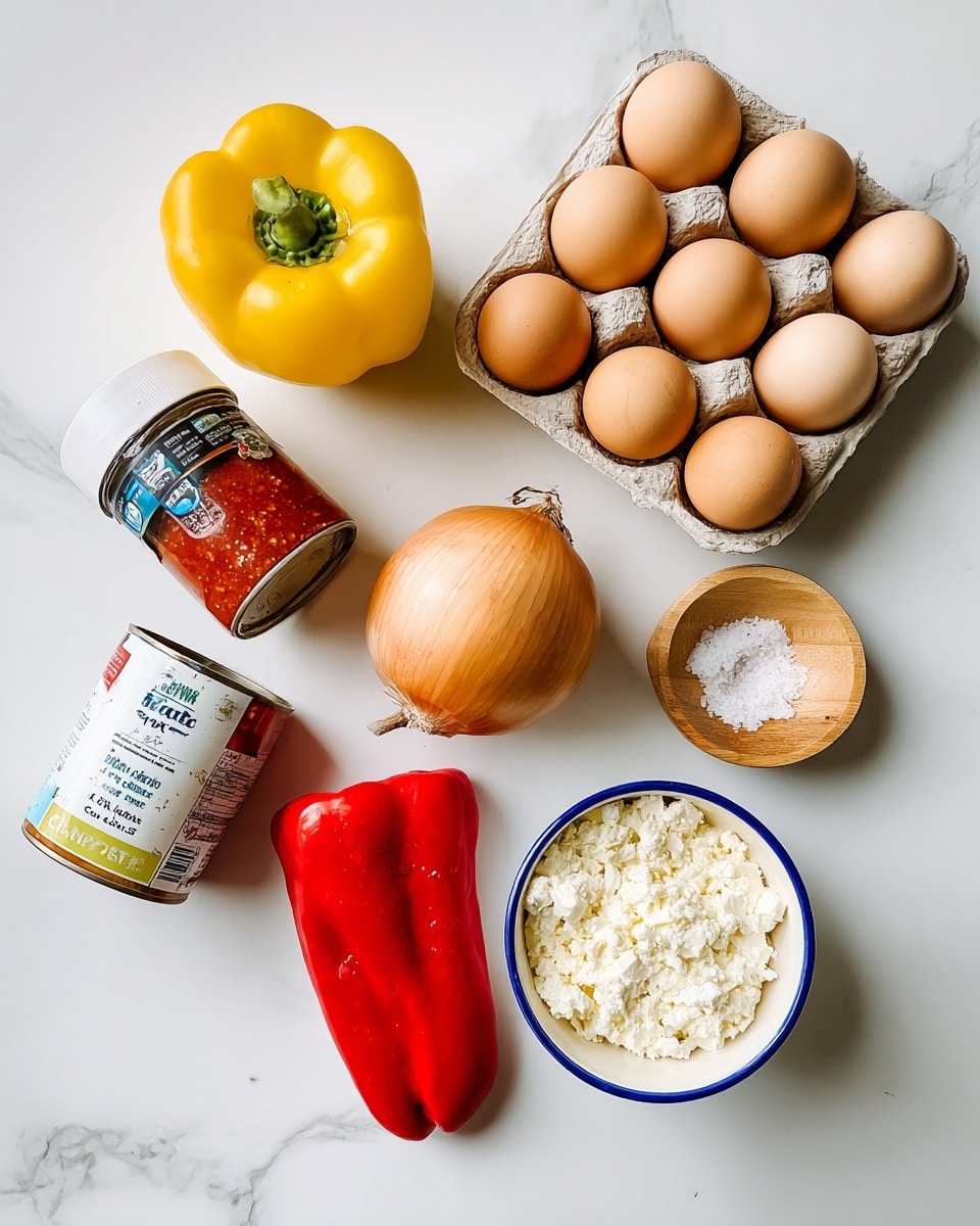 On a white marbled surface, there is a carton of cage free large brown eggs placed on the top right, a whole onion below it, and a yellow bell pepper to the left of the onion. Below the yellow pepper is a can of crushed tomatoes, next to it is a red pepper lying horizontally. There is a small light garlic bulb between the onion and the red pepper. Near the center are two spice bottles, one with paprika powder and the other with ground cumin. On the bottom right, near the egg carton, there is a white bowl with a blue rim filled with crumbled white cheese, and next to it is a small wooden bowl containing salt. Photo taken with an iphone --ar 4:5 --v 7