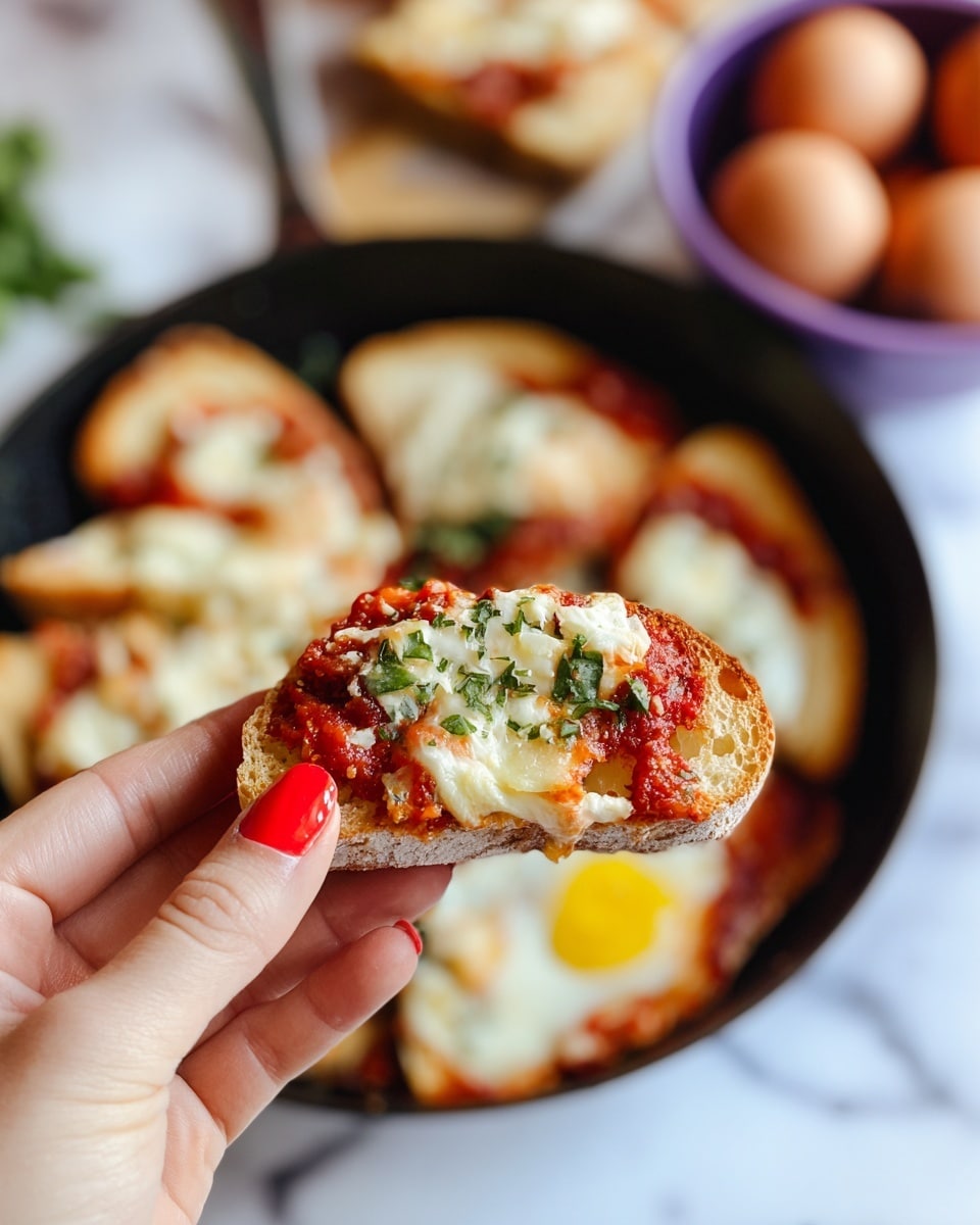 A woman's hand with bright red nail polish holds a piece of toasted bread topped with three layers: a spongy light brown bread layer with holes, a chunky red tomato sauce layer with herbs, and a white soft cheese layer with small green herb pieces on top. In the background, slightly blurred, is a black pan filled with more pieces of bread topped with the same tomato sauce, melted white cheese, and some visible yellow egg yolks. To the upper right, there is a purple bowl containing brown eggs, and the surface beneath is white marble. Photo taken with an iphone --ar 4:5 --v 7