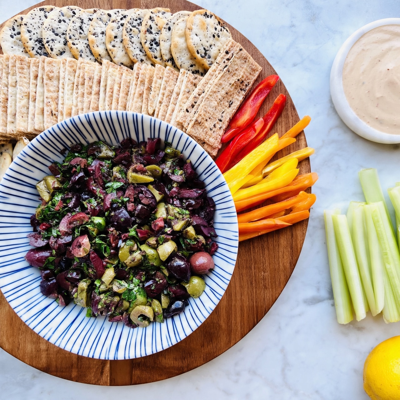 A wooden cutting board holds several food items arranged neatly on a white marbled surface. On the left, there is a blue and white bowl filled with a chopped olive tapenade, showing layers of dark purple, green, and some lighter green bits. Just below it, a small white bowl contains creamy, smooth hummus with swirling texture on top. To the right side of the board, there are long sticks of celery, red and orange bell pepper slices, and tomato wedges arranged in parallel lines. Above these, three rows of crackers are lined up, the first row with round beige crackers with small holes, the second with round golden brown crackers, and the third row with rectangular crackers in a lighter tan color. A white marble handled knife rests beside the crackers on the board. The background includes a few green herbs slightly blurred in the top right corner. Photo taken with an iphone --ar 4:5 --v 7