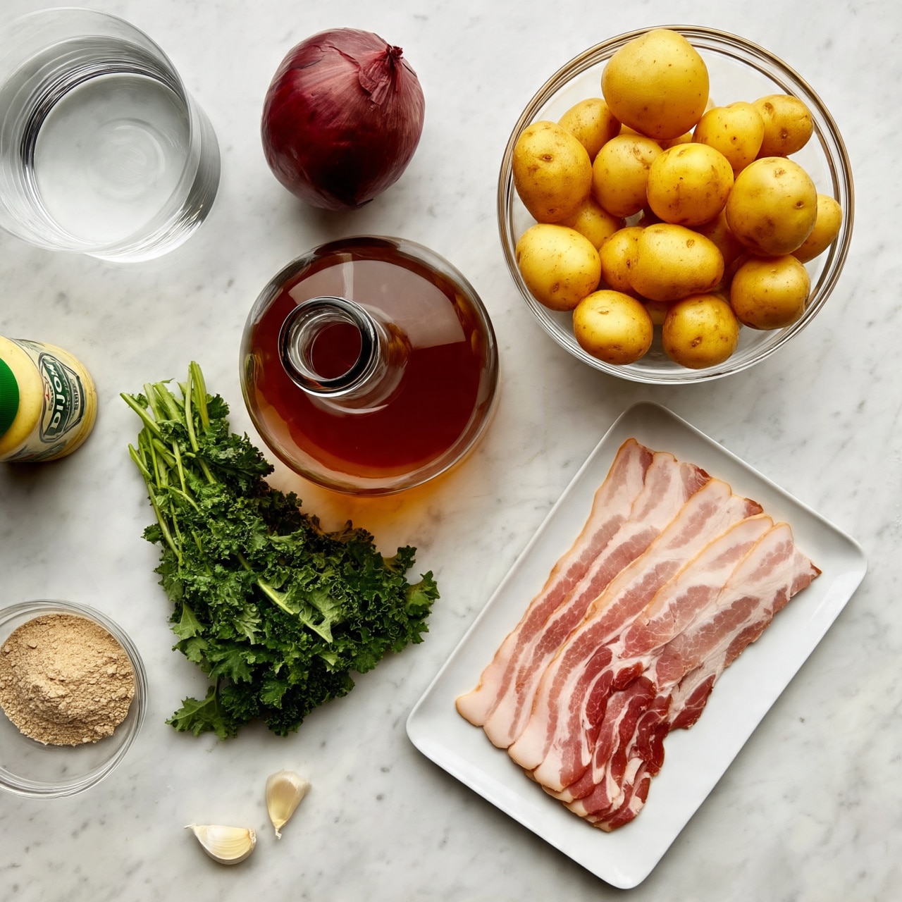 The image shows a white marbled surface with a clear glass bowl full of small yellow potatoes in the upper right area. Below and slightly to the right of the bowl is a white rectangular plate holding raw bacon strips with white and pink layers. To the left side, near the bottom, there is a bunch of fresh green kale, two peeled garlic cloves, and a small clear bowl filled with light brown powder. Above these items is a red onion next to a large clear glass cup of clear water. A bottle of Dijon mustard with a green cap stands on the far left of the scene, and in the center is a large, wide bottle of apple cider vinegar with a brown liquid inside. The lighting is natural and soft, showing the texture of each ingredient clearly. Photo taken with an iphone --ar 4:5 --v 7