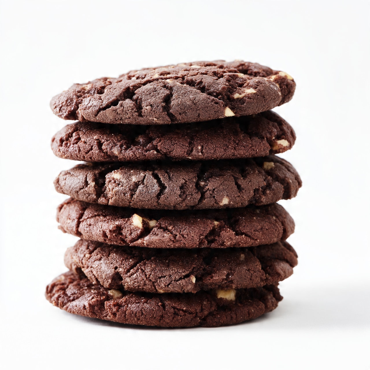 A tall stack of six dark brown cookies with rough, crumbly texture and small light nut pieces scattered throughout. The cookies have deep cracks and ridges on the surface, showing their dense and slightly grainy nature. The background is clean white, making the rich color of the cookies stand out clearly. photo taken with an iphone --ar 4:5 --v 7