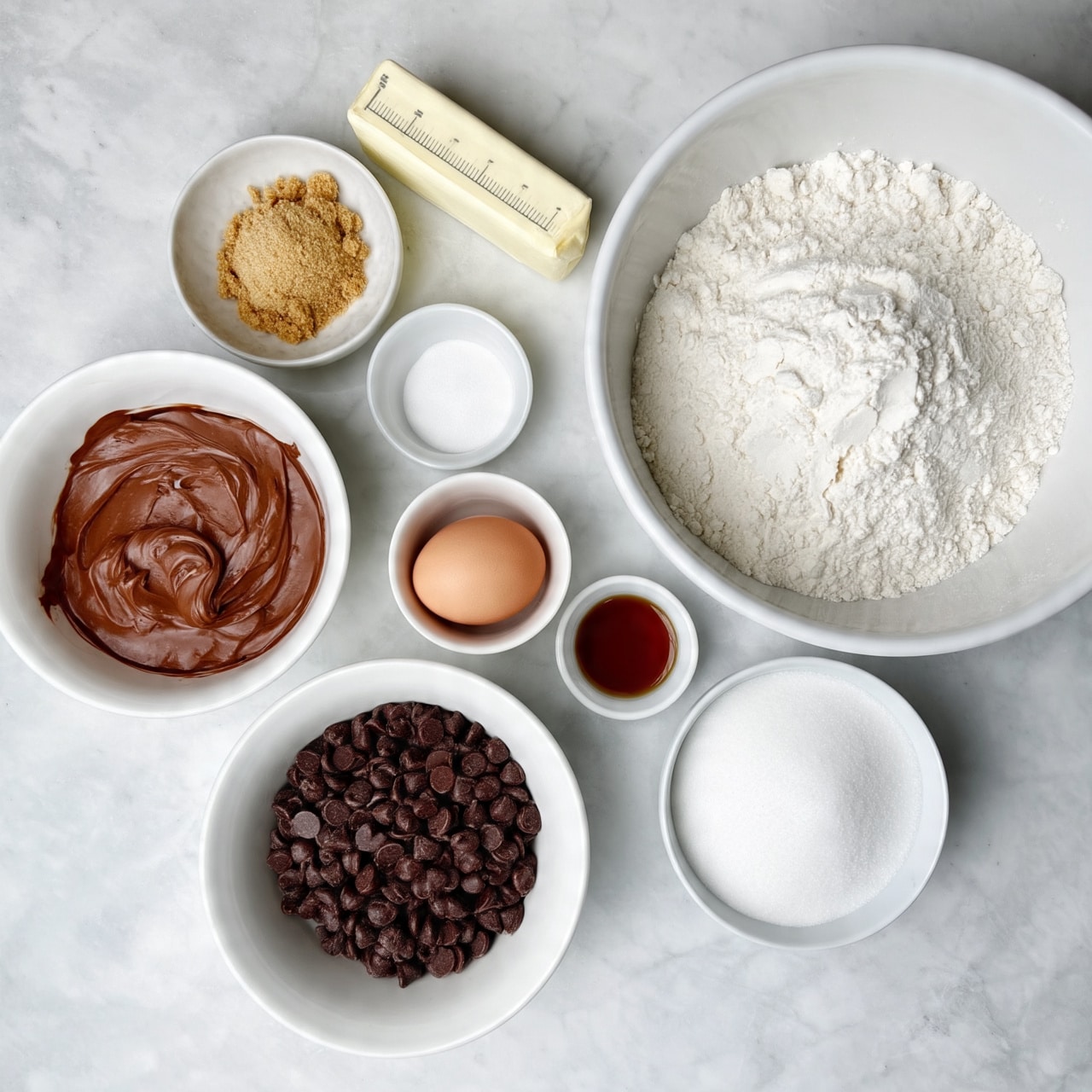 A top view of several white bowls and dishes with different baking ingredients arranged on a white marbled surface. The largest white bowl on the right is filled with white flour. Below it is a smaller white bowl with white sugar. Near the center bottom is a medium white bowl filled with dark brown chocolate chips. To the left center is a white bowl with smooth, creamy chocolate spread. Above it, a small white bowl contains light brown sugar. Above that is a small white bowl with salt, next to a stick of butter with measuring marks on its pale yellow wrapper. Near the middle is an egg placed inside a small white bowl. Two small white dishes contain baking soda and vanilla extract, positioned among the other ingredients in a balanced layout. Photo taken with an iphone --ar 4:5 --v 7