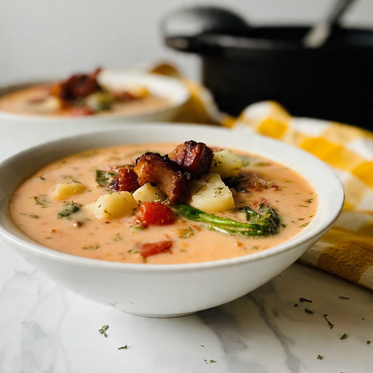 A white bowl is filled with creamy soup that has a light orange color, with visible chunks of potatoes, green leafy vegetables, red tomatoes, and pieces of browned meat on top. The soup's surface has small herbs scattered, adding green specks. Behind the bowl, there is another white bowl with the same soup slightly out of focus. Both bowls sit on a white marbled surface with a yellow and white checkered cloth nearby. In the background, a black pot with a ladle is blurred, suggesting the soup was just served. photo taken with an iphone --ar 4:5 --v 7