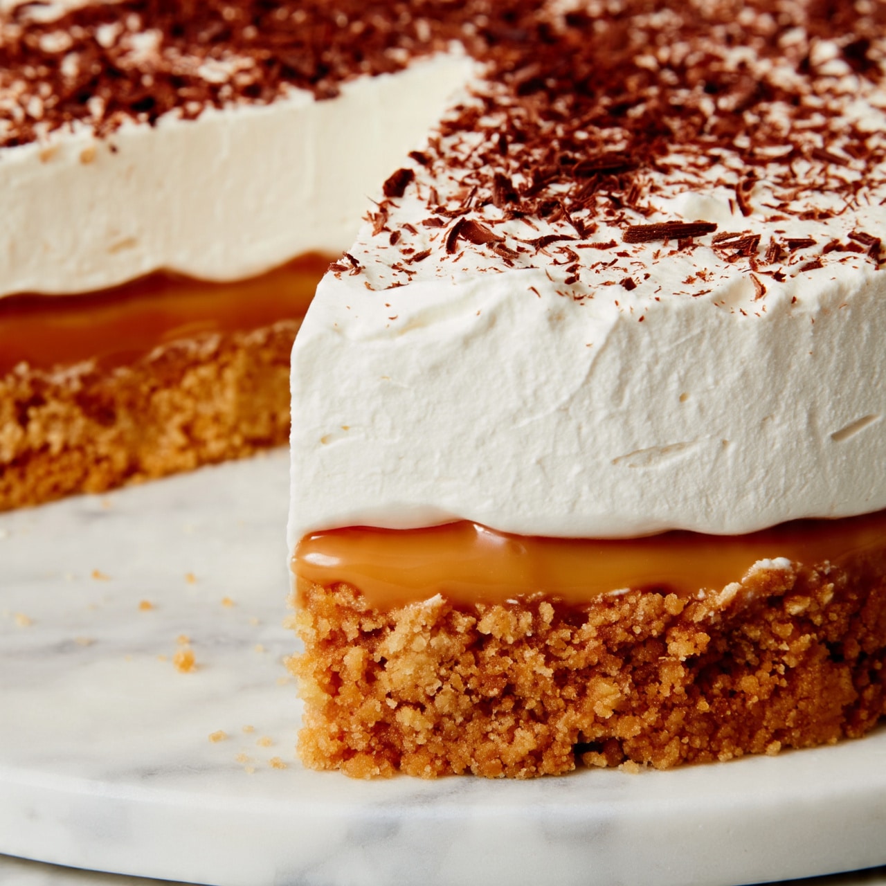 A close-up of a pie with three visible layers, placed on a white marbled surface. The bottom layer is a thick, crumbly golden crust with a rough texture. The middle layer is a smooth, light caramel-colored filling with a glossy finish. The top layer is a thick, fluffy white whipped cream scattered with fine chocolate shavings, giving it a textured look. One slice is taken out, showing the evenness of the layers and the cream's lightness. The photo taken with an iphone --ar 4:5 --v 7