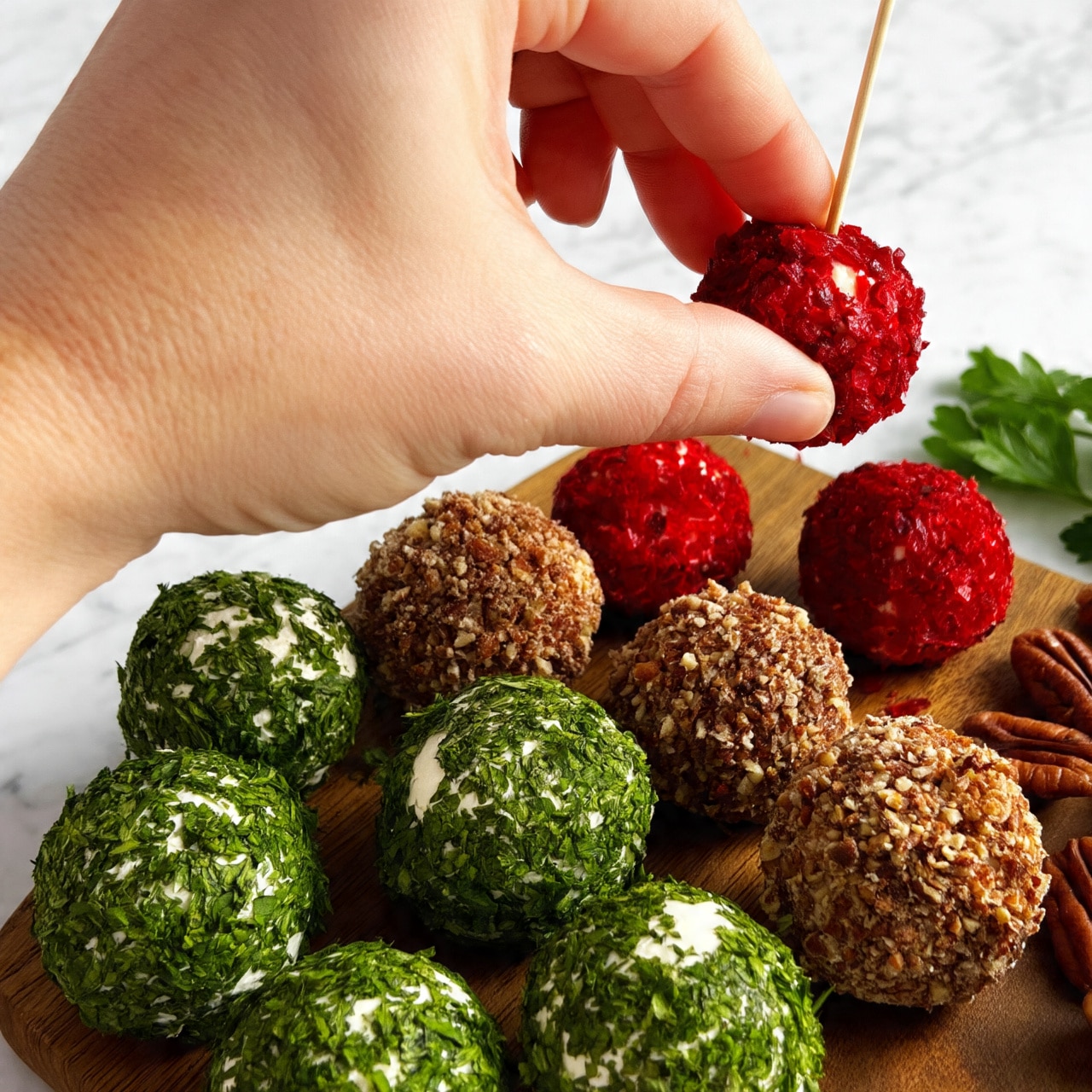 The image shows multiple round cheese balls with three different coatings arranged closely on a wooden surface. One coating is finely chopped green herbs that cover the cheese balls fully with a leafy texture. Another coating is crushed nuts in brown shades, rough and chunky, wrapping the cheese balls entirely. The last coating is finely chopped red dried fruit, giving a bright and textured look to those cheese balls. A woman's hand is picking up one of the red-coated cheese balls using a toothpick. Some green parsley leaves and pecans are visible in the background, all set on a white marbled texture. photo taken with an iphone --ar 4:5 --v 7